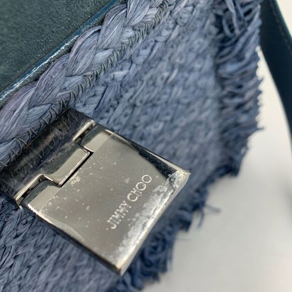 Auth Jimmy Choo Rebel Tote Raffia Suede Blue Dusk Front Clasp Handbag Preloved - Picture 2 of 14